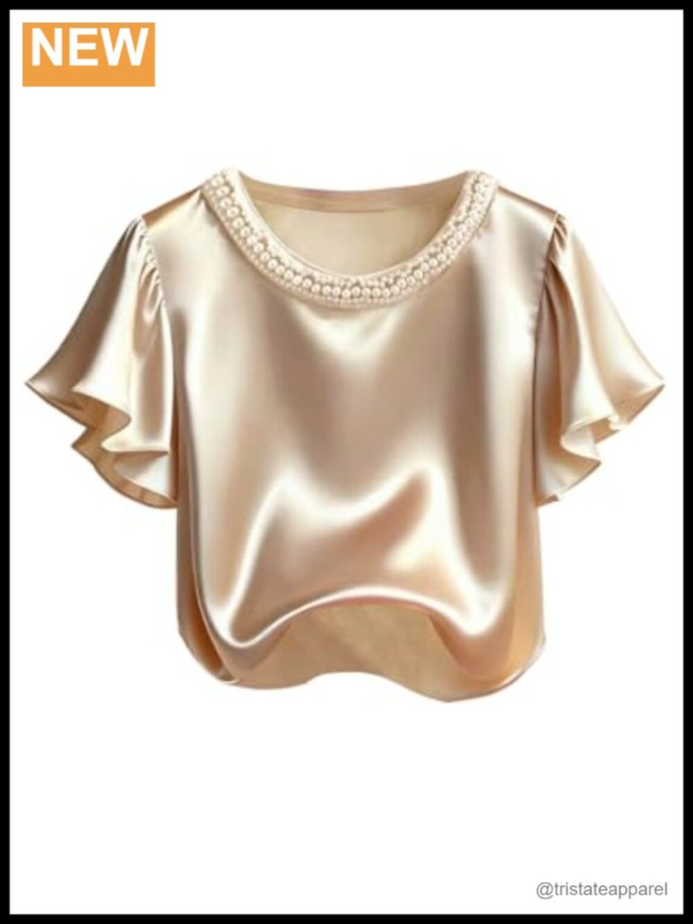 Satin Ruffle Sleeve Pearl Crew Neck Short Sleeve Blouse for Women
